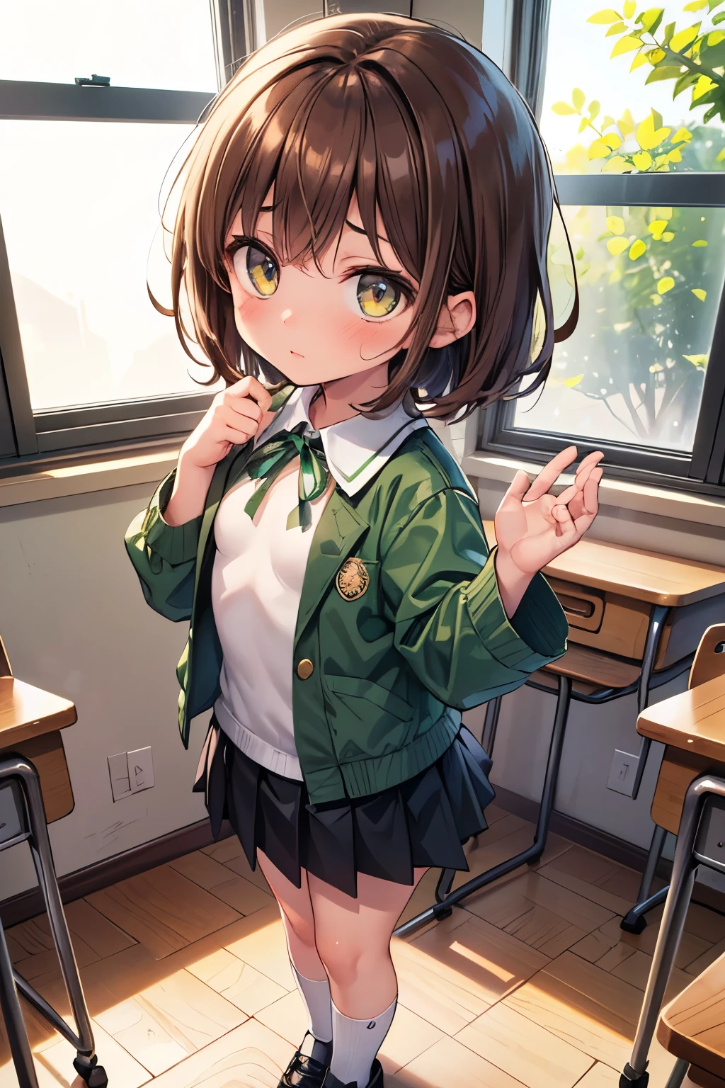 Kawaii moe anime, 1girl, solo, (loli (child:1.5) girl:1.4) flat chested elementary schooler, primary schooler, ((caramel-brown hair), (bright amber eyes:1.2)), intelligent expression, subtle blushing, flat chested figure, preadolescent prepubescent lolicon body, (flat breasts:1.4), (wearing her short sleeved white school uniform with forest green ribbon on chest, paired with black skirt, white socks and black shoes, and a green jacket). She stands in front of a window in a classroom, looking at the camera with curiosity, soft lighting from window, height of 42 inches, (childlike appearance and body:1.4), close up portrait, tiny, unity 8k ultra detailed,beautiful detailed eyes,extremely detailed face,beautiful detailed hands