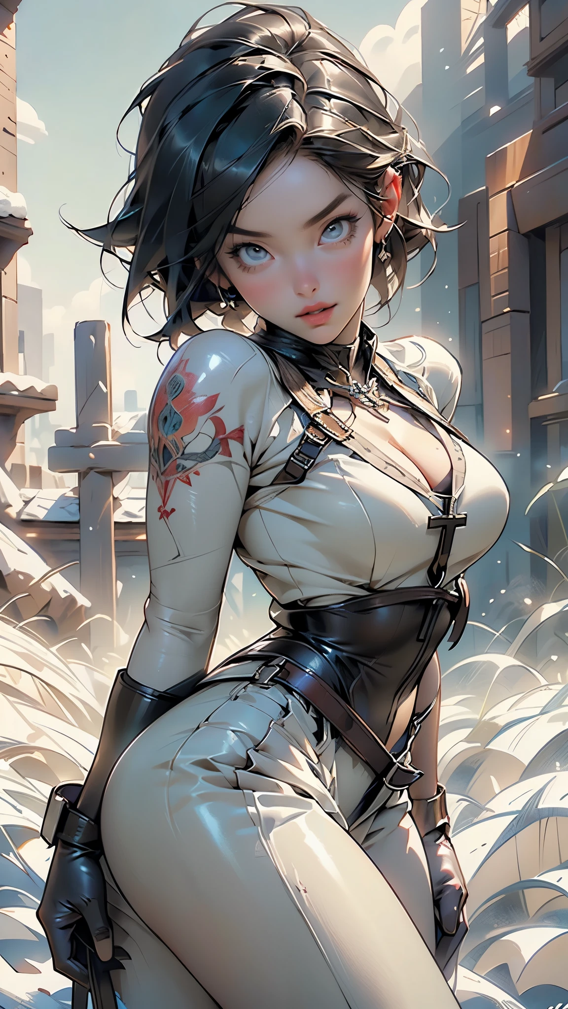 imagine a beautiful and cool female ninja in the Sengoku period, portrayed within a mysterious and captivating atmosphere, reflect the woman's attire in a modern and impressive interpretation of traditional kunoichi clothing, Design her appearance to align with her graceful and swift movements, let her face express both calmness and intelligence, the female ninja adeptly wielding her sword should seamlessly blend into the enigmatic surroundings of the Sengoku period, create an image that highlights her beauty and skills against a backdrop of shadows and distinctive scenery typical of the sengoku era, jet black hair, short hair, huge breast, sagging breast, curvy, (master piece, best quality, intricate details, sharp focus, UHD, 8K, Ultra Detailed 8K CG, cinematic lighting, vivid colors, sof HDR), <lora:FaithMirror:0.55>
