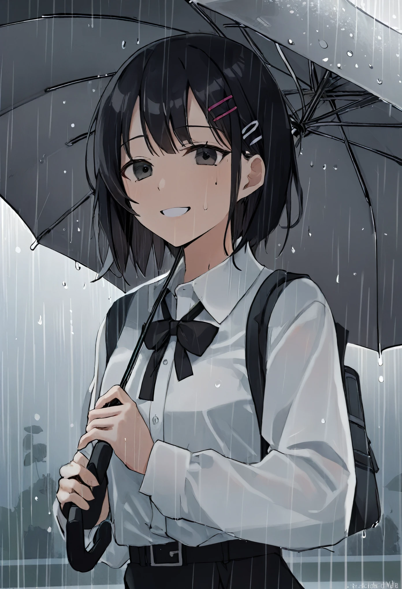 source_anime, score_9, score_8_up, score_7_up, score_6_up,a digital drawing of a woman holding a umbrella in the rain, 1girl, rain, umbrella, black hair, shirt, solo, hair ornament, holding, holding umbrella, smile, mole under mouth, hairclip, white shirt, mole, collared shirt, black eyes, looking at viewer, short hair