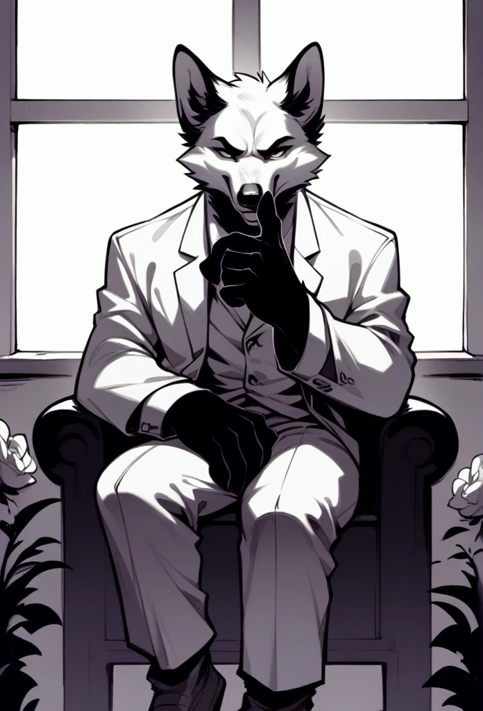 A fox, Black and white fur, wearing white suit, sitting on a chair, pose, posing, boring gesture, making decision, flowers around, window, Furniture, clouds and sunset in the background.