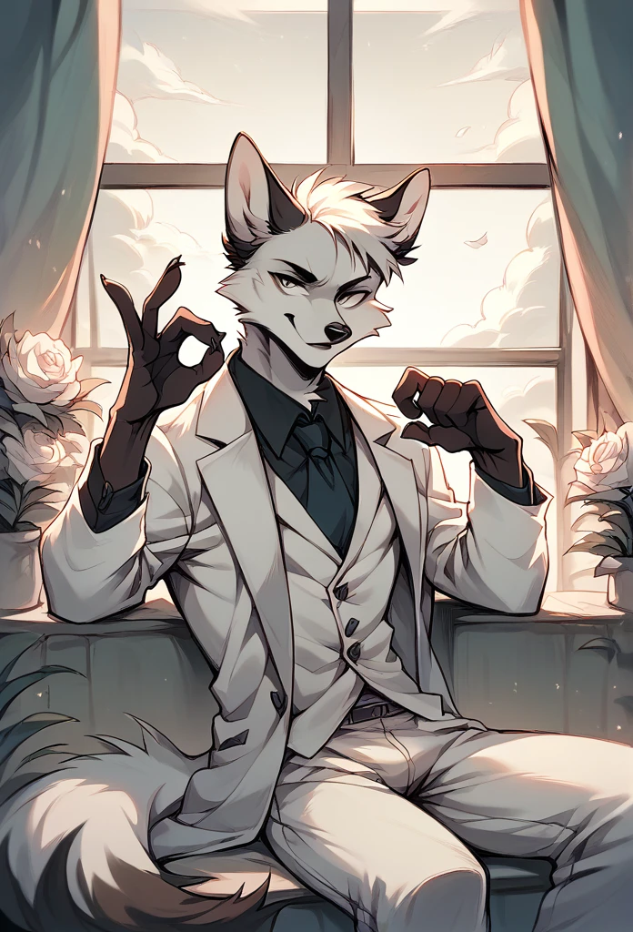 A fox, Black and white fur, wearing white suit, sitting on a chair, pose, posing, boring gesture, making decision, flowers around, window, Furniture, clouds and sunset in the background.