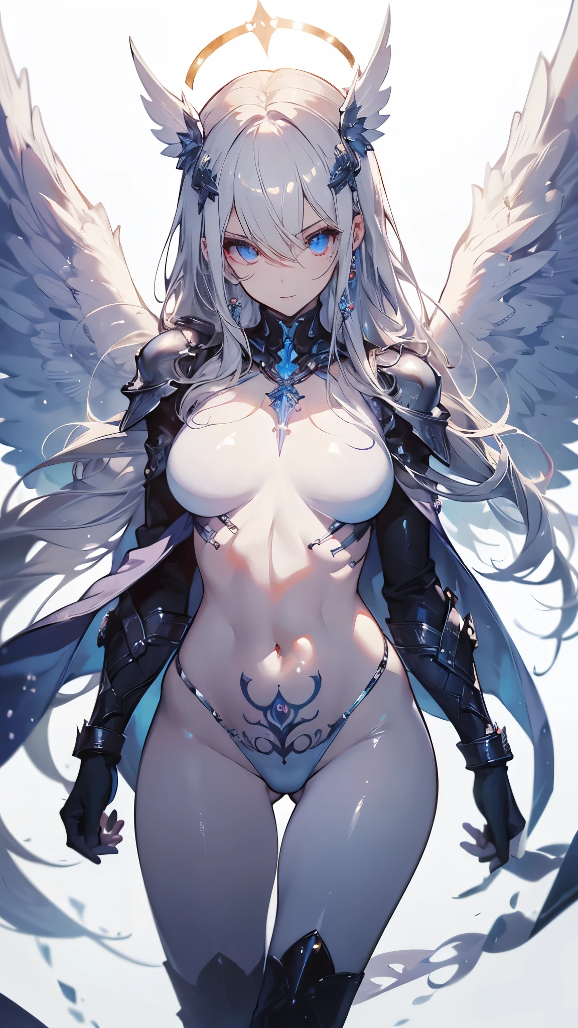 (((((dark blue skin))))), beautiful face, (((strong wind))), storm, (((blue eyes))), (hair ornament)), (((((white tattoo))))), (((naked))), ((( pubic hair))), female genitalia, beautiful girl, ((( long white hair))), night ((( Beautiful face))), ((( hotel room))), standing, (((((blue wings))))),