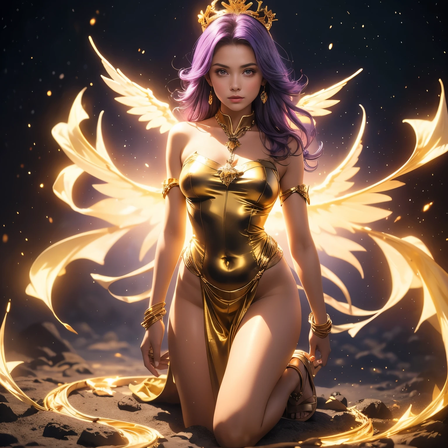 (masterpiece), best quality, 1girl, expressive eyes, perfect face, (purple hair), perfect anatomy, full body, 4k, HDR, full HD, solo,
A girl wears a celestial goddess outfit, composed of a fluid and ethereal dress in white and gold tones. The light fabric falls in soft folds, giving the impression of being made of light. Her shoulders are adorned with fine golden ribbons, and a delicate tiara shines on her forehead. Around her, a soft golden aura surrounds her, giving her a divine appearance. Her long, loose hair floats lightly, and her golden sandals seem to glide effortlessly over the ground.
