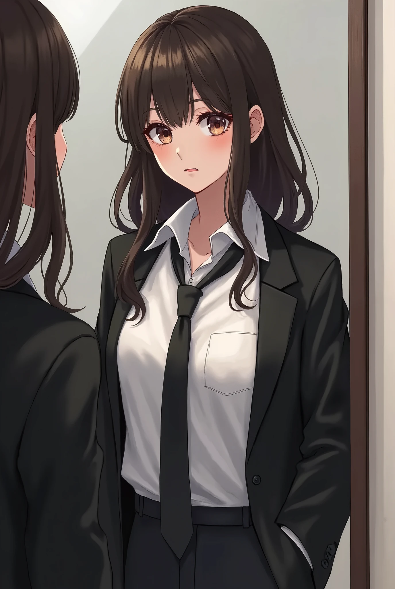 ((Masterpiece, Best quality, A high resolution, hyper HD, Perfect pixels, Depth of field, 4K, RTX, hdr))), 1girll, Single, Solo, Beautiful anime girl, Beautiful Art Style, anime figure, ((Long hair, bangs, Dark brown hair, Curly hair:0.8)), ((Green eyes:1.4, Detailed eyes, Beautiful eyes, Perfect eyes,curly eyelashes, Realistic eyes)), ((Detailed face, Blushing:1.2)), ((Smooth texture:0.75, Realistic texture:0.5, Anime CG style)), Medium breasts, Dynamic Angle, Busty, Perfect body, Dynamic pose, ((red bowtie, school uniform, Black jacket, Open jacket, Brown cardigan, White shirt, Black skirt, plaid skirts)), Smile, Open mouth, arms back behind, Leaning forward, An amusement park, ((Close up, angle of view, Cute, Shoot on the face))