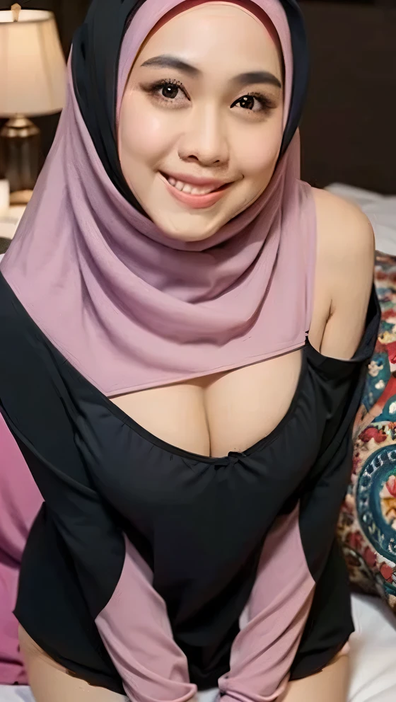 (Best quality, high resolution, masterpiece: 1.3), a beautiful malay woman in hijab, big breasts, slim figure, sweatshirt, beautifully presented details in the street and facial and skin texture, detailed eyes, double eyelids, big eyeschest visible, shirt openfeatures), HDR, 8k resolution, nice fingers, firm skin, (((high detail skin, visible pores))), 1 female, tall body, sitting on the bed, 30 years old, big breasts: 1.4, wearing Floral Silk Tight Malay Gamis Pastel Close Up Tight Hijab, Full Body, Beautiful Shy Smile, Wearing High Heels, In Luxurious Bedroom