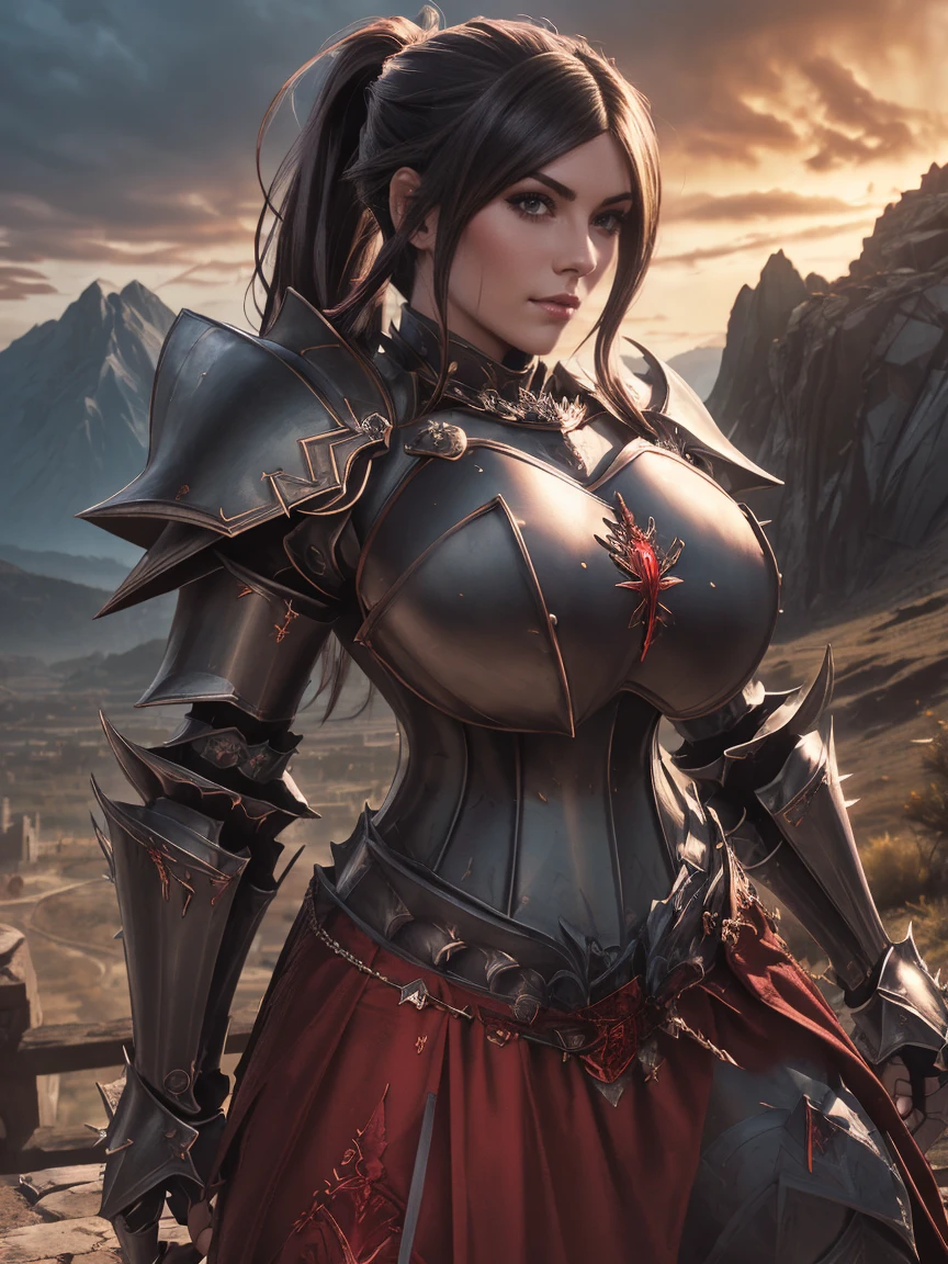 (masterpiece, top quality, best quality, official art, beautiful and aesthetic:1.2), (1girl:1.3), ((Sharp facial features,european, sharp features, hawkish features)), ((big hair, long white hair, ponytail)), big tiddy chaos warrior girl, extremely detailed, portrait, looking at viewer, solo, (full body:0.6), detailed background, full-body shot, (hot desert mountain theme:1.1), chaos warrior, (spiky helmet), charlatan, smirk, mysterious, swaying in mountains, armor, red metal, brass trim, long boots, dual axes, blood red fabric, pelvic curtain, loincloth, black leather, ((((heavy armor, blood, armored, gigantic breasts, long legs, pelvic curtain, toned, muscular)))), cute belly button, toned tummy, slim waist, slim hips, long legs, medieval (mountain exterior:1.1) background, dark mysterious lighting, shadows, magical atmosphere, dutch angle