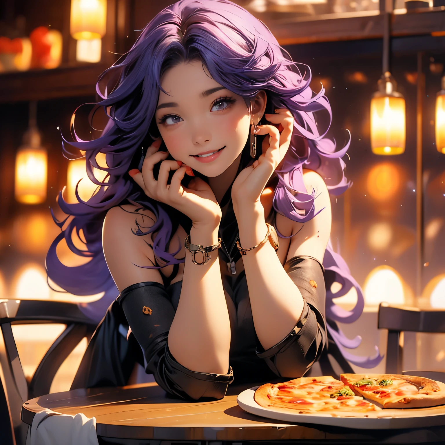 (masterpiece), best quality, 1girl, expressive eyes, perfect face, (purple hair), perfect anatomy, full body, 4k, HDR, full HD, solo, 
A girl sitting at a table, eating pizza with a relaxed smile. Wear a casual red or black strapless dress, fitted at the waist, ideal for a date. Her hair is slightly wavy and loose, falling over her shoulders. As he takes a slice of pizza, his attitude is carefree but charming, with one hand holding the slice and the other resting on the table. The atmosphere is warm and welcoming, highlighting its elegant but relaxed look for a casual night.