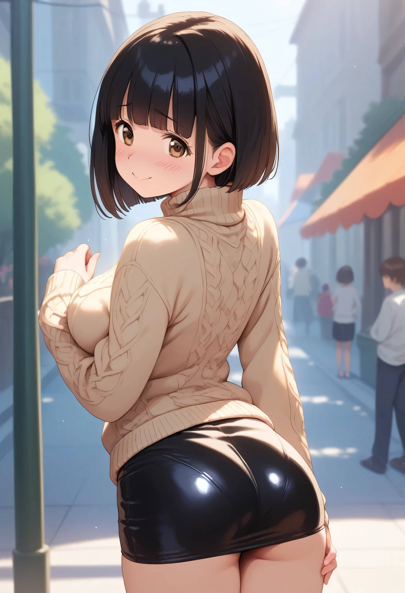 score_9,score_8_up,score_7_up,masterpiece,highest quality, source_anime, realistic, super detailed, extreme detailed, rating_explicit,
1girl, leaning forward, arched back, from behind, looking back, cowboy shot,
BREAK girl, 22yo, short hair, bob cut, ear, (blunt bangs), black hair, (tareme, detailed cute brown eyes), curled eyelashes, (large breasts:0.8),
shiny hair, beautiful detailed eyes, beautiful face,
white knitted sweater, turtleneck sweater, leather micro skirt, (impossible clothes:1.4), thighs,
embarrassed, blush, frown, forced smile,
outdoors, street, autumn