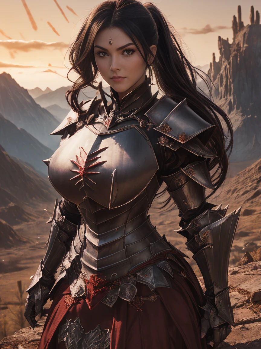 (masterpiece, top quality, best quality, official art, beautiful and aesthetic:1.2), (1girl:1.3), ((Sharp facial features,european, sharp features, hawkish features)), ((big hair, long white hair, ponytail)), big tiddy chaos warrior girl, extremely detailed, portrait, looking at viewer, solo, (full body:0.6), detailed background, full-body shot, (hot desert mountain theme:1.1), chaos warrior, (spiky helmet), charlatan, smirk, mysterious, swaying in mountains, armor, red metal, brass trim, long boots, dual axes, blood red fabric, pelvic curtain, loincloth, black leather, ((((heavy armor, blood, armored, gigantic breasts, long legs, pelvic curtain, toned, muscular)))), cute belly button, toned tummy, slim waist, slim hips, long legs, medieval (mountain exterior:1.1) background, dark mysterious lighting, shadows, magical atmosphere, dutch angle