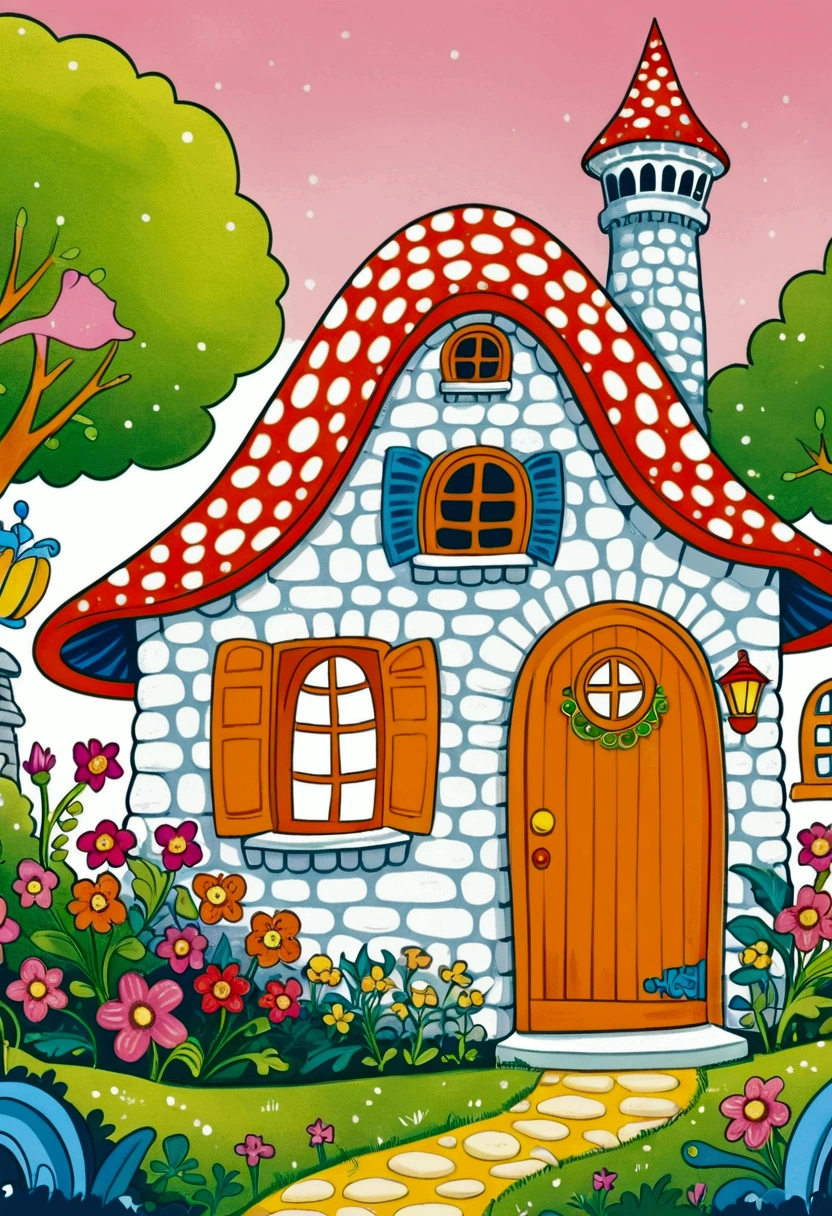 Cartoon fairy tale house，There is a door and a door with a window, Colorful book illustration, Colorfull illustration, Coloring books page, Fantasy Colors, Full color illustrations, Colorful illustrations, clean Coloring books page, Drawn in a whimsical style, Fairy tale illustration style, Color illustrations, Fairy tale illustration, Fairy tale illustration, artwork, Coloring Pages, Magical fairy tale background, Coloring books