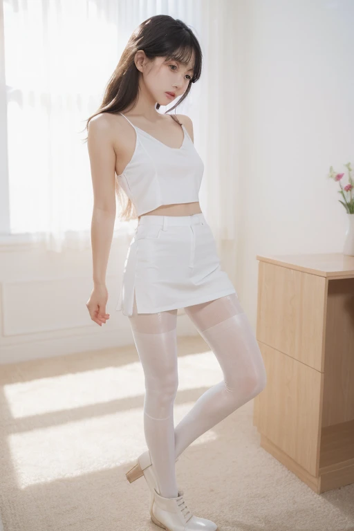 16 year old girl, thin, spaghetti strap tank top, skirt, lifting_her_skirt_up, white pantyhose, very long hair