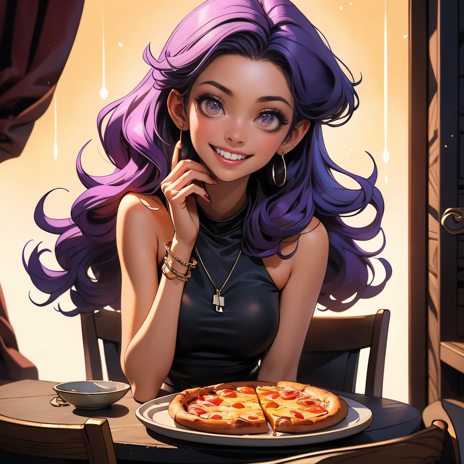 (masterpiece), best quality, 1girl, expressive eyes, perfect face, (purple hair), perfect , full body, 4k, HDR, full HD, solo, A girl sitting at a table, eating pizza with a relaxed smile. Wear a casual red or black strapless dress, fitted at the waist, ideal for a date. Her hair is slightly wavy and loose, falling over her shoulders. As he takes a slice of pizza, his attitude is carefree but charming, with one hand holding the slice and the other resting on the table. The atmosphere is warm and welcoming, highlighting its elegant but relaxed look for a casual night.