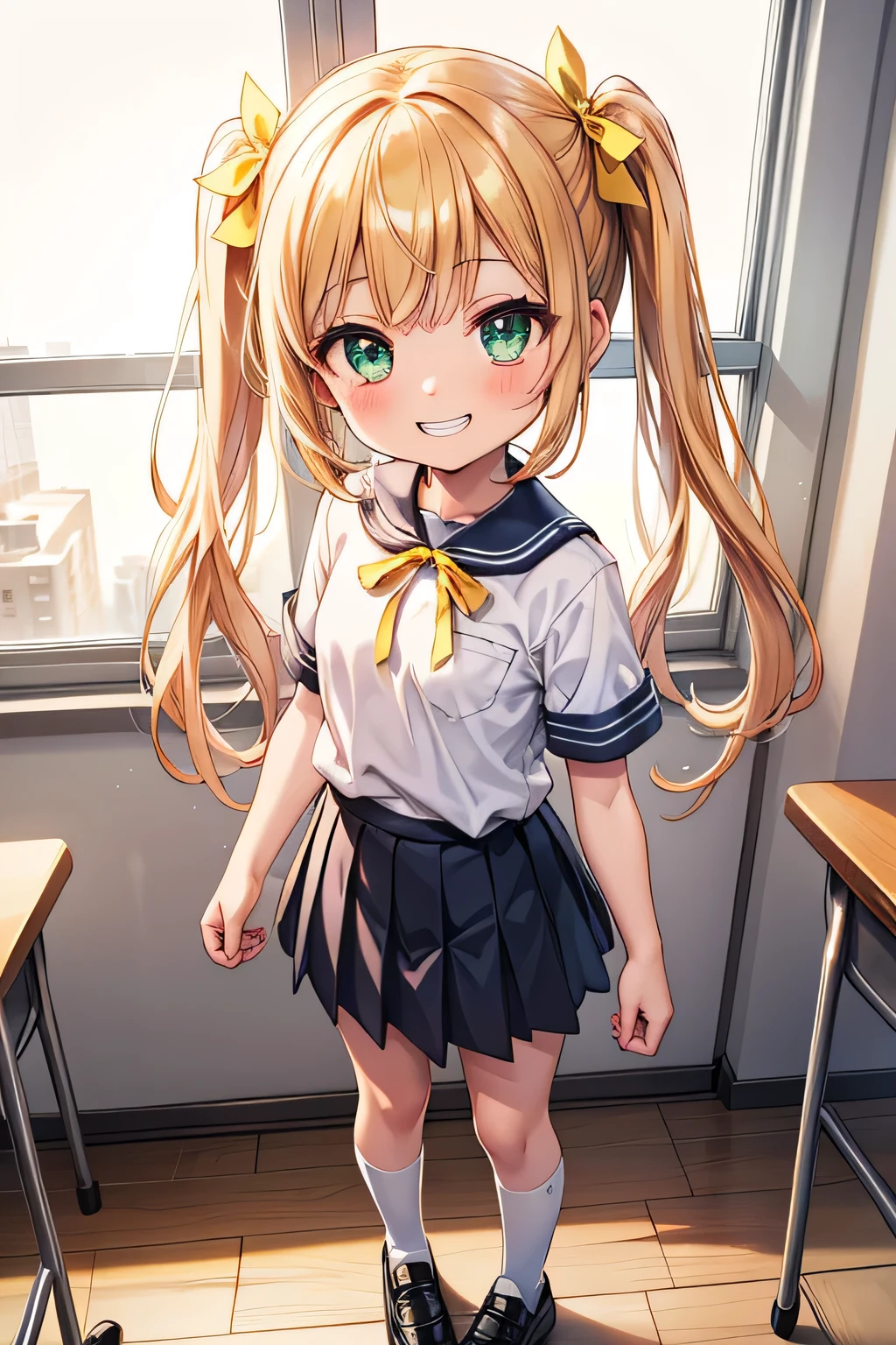 Kawaii moe anime, 1girl, solo, (**** (child:1.5) girl:1.4) flat chested elementary schooler, primary schooler, ((long golden hair in twintails), (big emerald eyes:1.2)), energetic expression, subtle blushing, flat chested figure, preadolescent prepubescent ****con body, (flat breasts:1.4), (wearing her short sleeved white school uniform with yellow ribbon on chest, paired with black skirt, white socks and black shoes). She stands in front of a window in a classroom while holding a soccer ball, looking at the camera with excitement and huge grin, soft lighting from window, height of 42 inches, (childlike appearance and body:1.4), close up portrait, tiny, unity 8k ultra detailed,beautiful detailed eyes,extremely detailed face,beautiful detailed hands