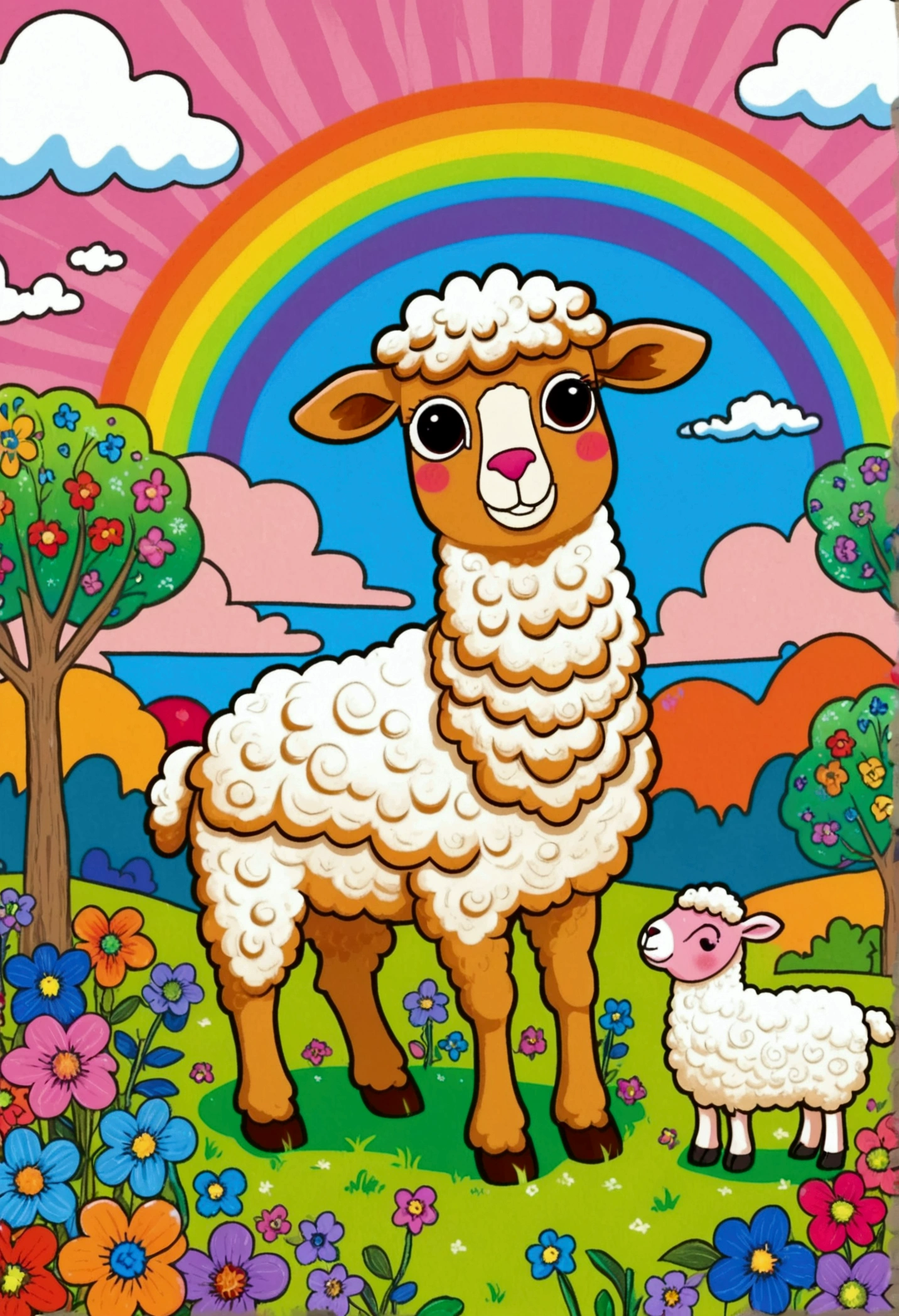 Cartoon sheep in the fields of flowers, trees and grass, Rainbow sheep like cotton candy, Colorful book illustration, Colorfull illustration, Camel Sunrise Angel, Camel all the way, Cute digital art, Alpaca, Lovely detailed digital art, Bright cartoon art, Full-color digital illustrations, Whimsical Art, Hand drawn cartoon art style, Colorful illustrations, Camel anthropomorphic portrait