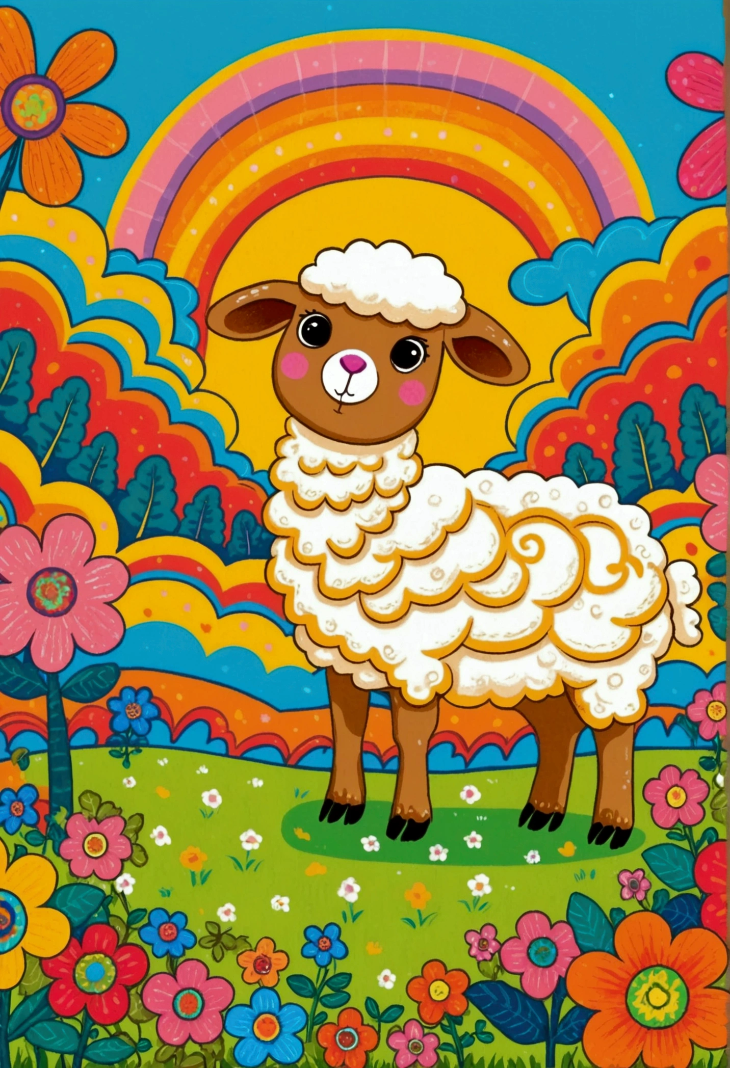 Cartoon sheep in the fields of flowers, trees and grass, By Pasitha Abad (Pacita Abad) inspired digital painting, Shutter Stock Contest Winners, Simple Art, Rainbow sheep like cotton candy, Colorful book illustration, Colorfull illustration, Camel Sunrise Angel, Camel all the way, Cute digital art, Alpaca, Lovely detailed digital art, Bright cartoon art, Full-color digital illustrations