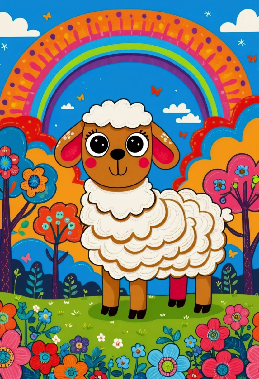 Cartoon sheep in the fields of flowers, trees and grass, By Pasitha Abad (Pacita Abad) inspired digital painting, Shutter Stock Contest Winners, Simple Art, Rainbow sheep like cotton candy, Colorful book illustration, Colorfull illustration, Camel Sunrise Angel, Camel all the way, Cute digital art, Alpaca, Lovely detailed digital art, Bright cartoon art, Full-color digital illustrations