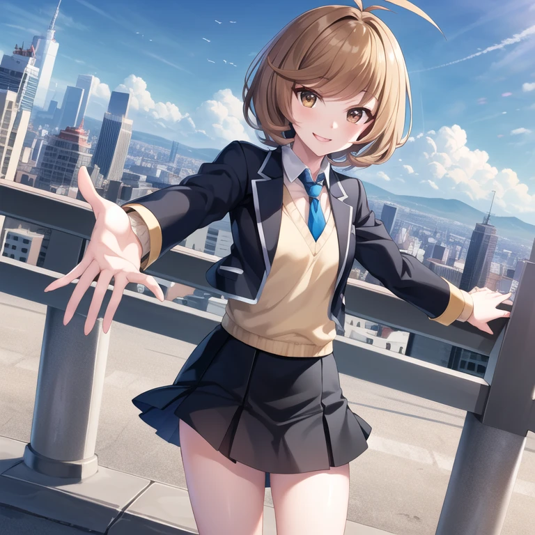 masterpiece, Best Quality, High resolution, Himza, short hair, Antenna Hair, Brown eyes, School uniform, Blue tie, Black jacket, open jacket, Long sleeve, Black Skirt, rooftop, Standing, smile, Outstretched arms, city, blue sky,