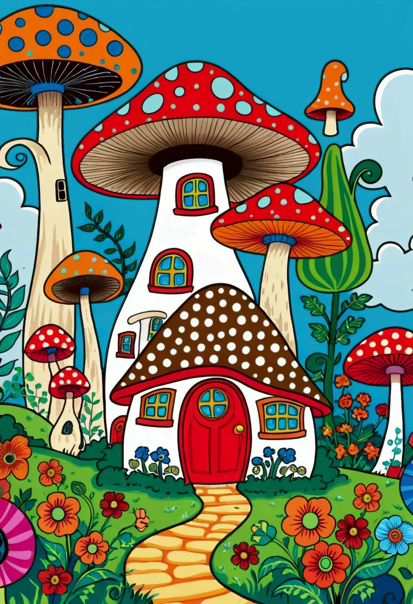 Cartoon house with garden and flowers on lawn, Storybook illustrations inspired by Hundertwasser, shutter, Psychedelic Art, houses in the shape of mushrooms, Mushroom Houses, Mushroom House, Coloring book pages, Mushroom City, Sunny and Whimsical House, Drawn in a whimsical style, Colorful illustrations, Magical Village, Wonderful fantasy landscape art