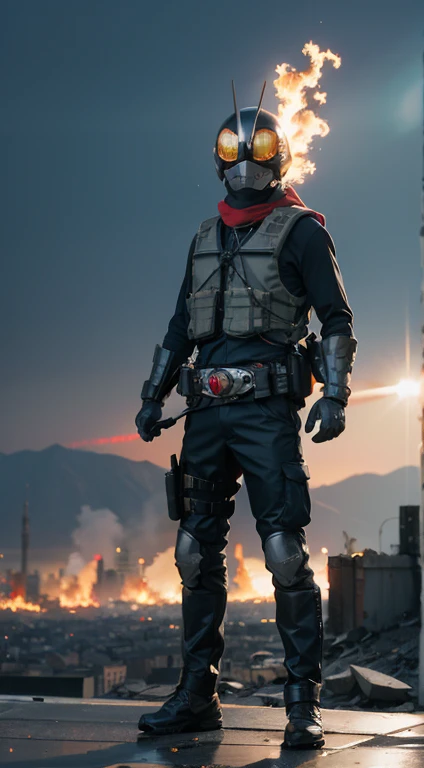 (kamen rider, shinkr, ruanyi0308,armor,assault rifle,camouflage,helmet,holding weapon,load bearing vest,backpack,m4 carbine, (standing), (turn around), full body detailed, detailed hands, good fingers, good hands, good legs, red scarf, low hood, ((epic burning city)), ruins, floating, explosion, debris, some fire and glitter background, ultra hd, ultra realistic texture, (flare lens:1.2), (long shot:0.9)