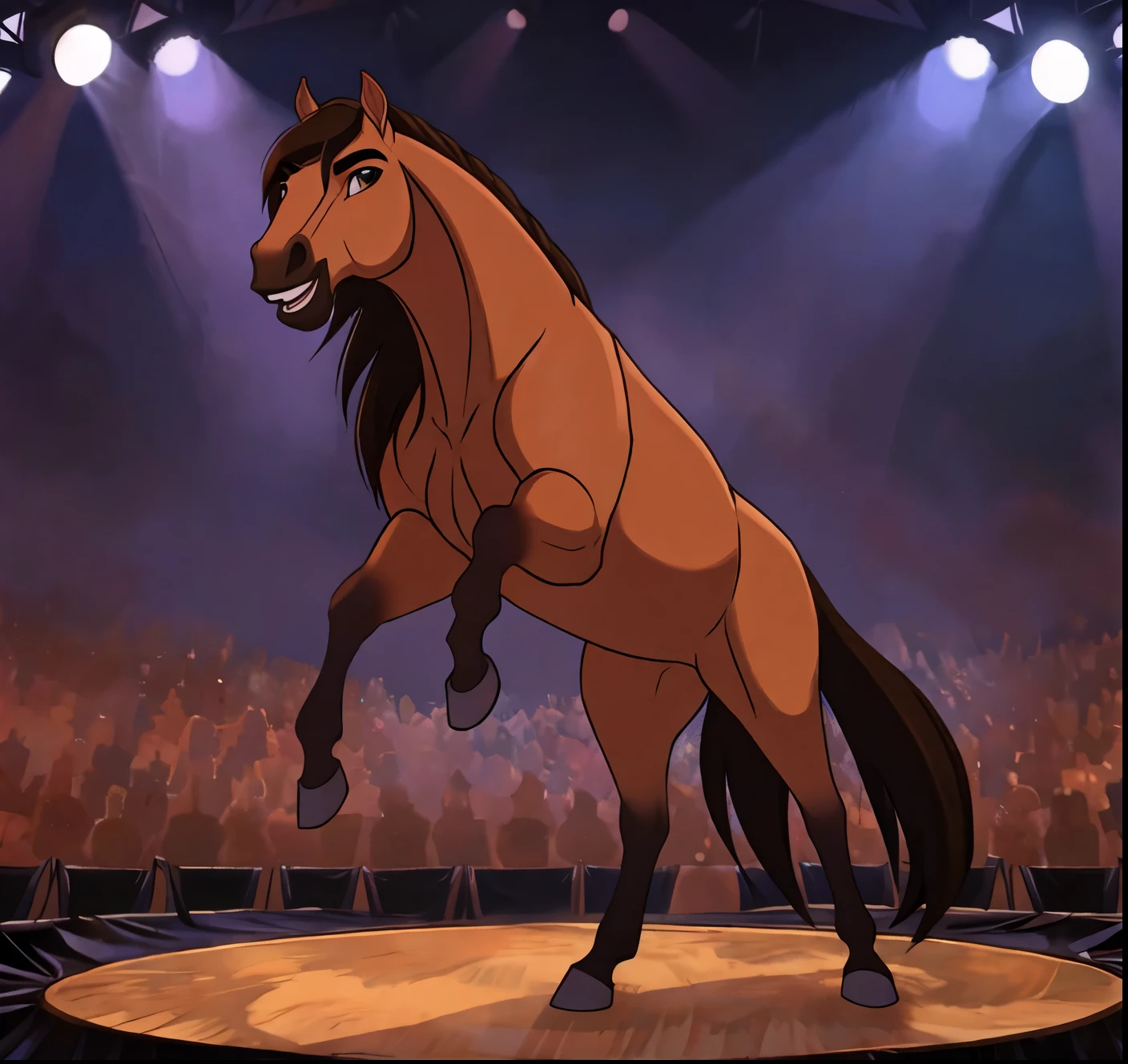 Feral horse Spirit sings into a large microphone on stage, spotlights