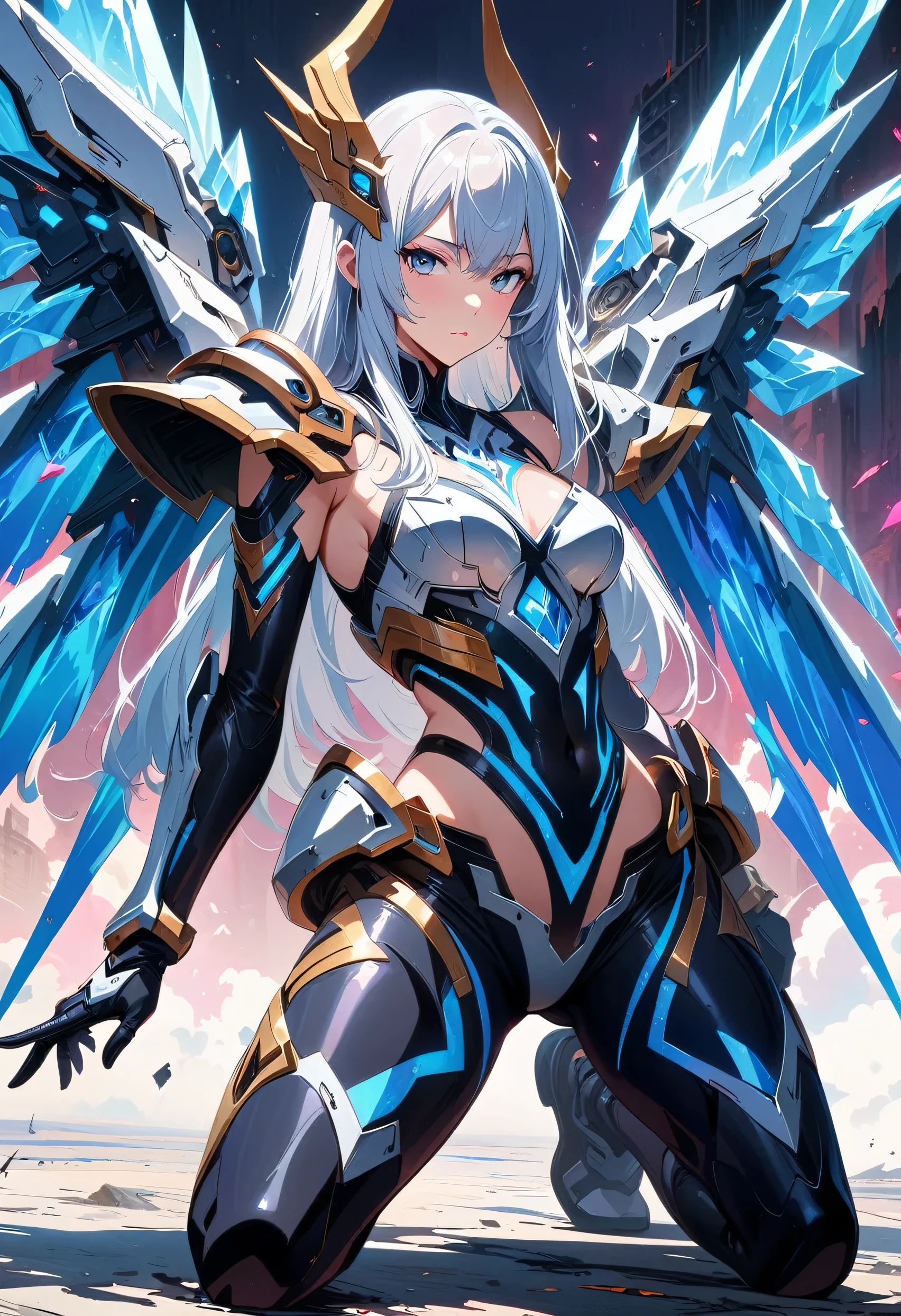 masterpiece, best quality, colorful, cowboy shooting, (pale skin:1.2), flat chest, Mecha, armor, girl,Mechanical_Body, High resolution, white hair, Very long hair, garlic, , alone, blue eyes, white coat, Soft fabric waist extension, blue energy, destroy, quantum energy, Mechanical wings