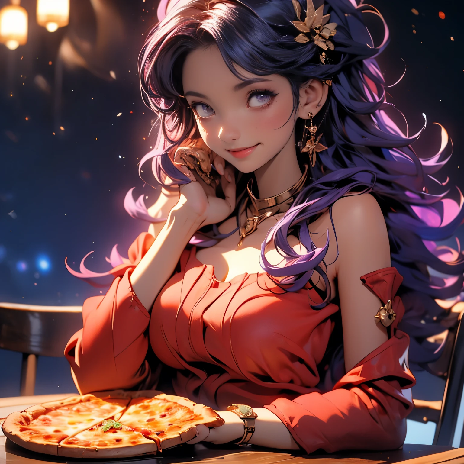 (masterpiece), best quality, 1girl, expressive eyes, perfect face, (purple hair), perfect anatomy, full body, 4k, HDR, full HD, solo, A girl sitting at a table, eating pizza with a relaxed smile. Wear a casual red or black strapless dress, fitted at the waist, ideal for a date. Her hair is slightly wavy and loose, falling over her shoulders. As he takes a slice of pizza, his attitude is carefree but charming, with one hand holding the slice and the other resting on the table. The atmosphere is warm and welcoming, highlighting its elegant but relaxed look for a casual night.