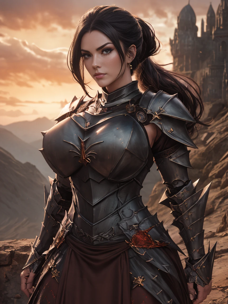 (masterpiece, top quality, best quality, official art, beautiful and aesthetic:1.2), (1girl:1.3), ((Sharp facial features,european, sharp features, hawkish features)), ((big hair, long white hair, ponytail)),(standing split), big tiddy chaos warrior girl, extremely detailed, portrait, looking at viewer, solo, (full body:0.6), detailed background, full-body shot, (hot desert mountain theme:1.1), chaos warrior, (spiky helmet), charlatan, smirk, mysterious, swaying in mountains, armor, red metal, brass trim, long boots, dual axes, blood red fabric, pelvic curtain, loincloth, black leather, ((((heavy armor, blood, armored, gigantic breasts, long legs, pelvic curtain, toned, muscular)))), cute belly button, toned tummy, slim waist, slim hips, long legs, medieval (mountain exterior:1.1) background, dark mysterious lighting, shadows, magical atmosphere, dutch angle, 