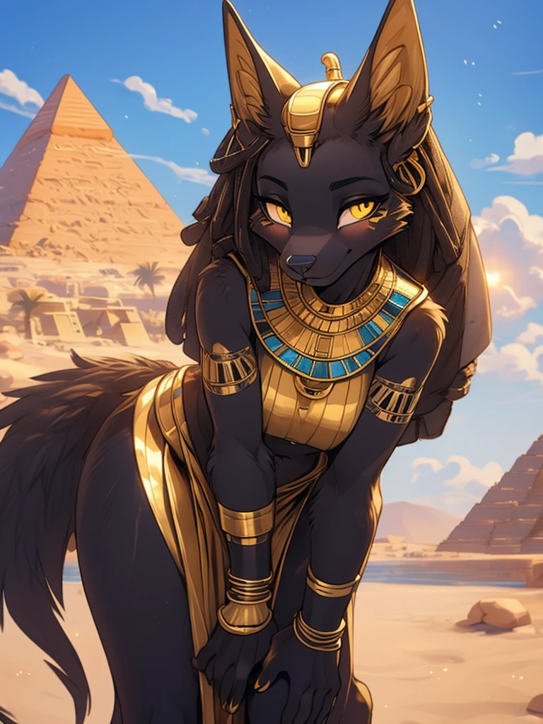 Anubis, Blue eyes, black fur, fit female, (soft shading), 4K, it&#39;s empty here, ((detailed face, detailed)), от zackary911, from Sausch, (for dating:0.5), portrait, upper body, focus on the face, smile, in the bathroom, hair, standing in front of the mirror, looking in the mirror, reflection in the mirror, towel on the waist,