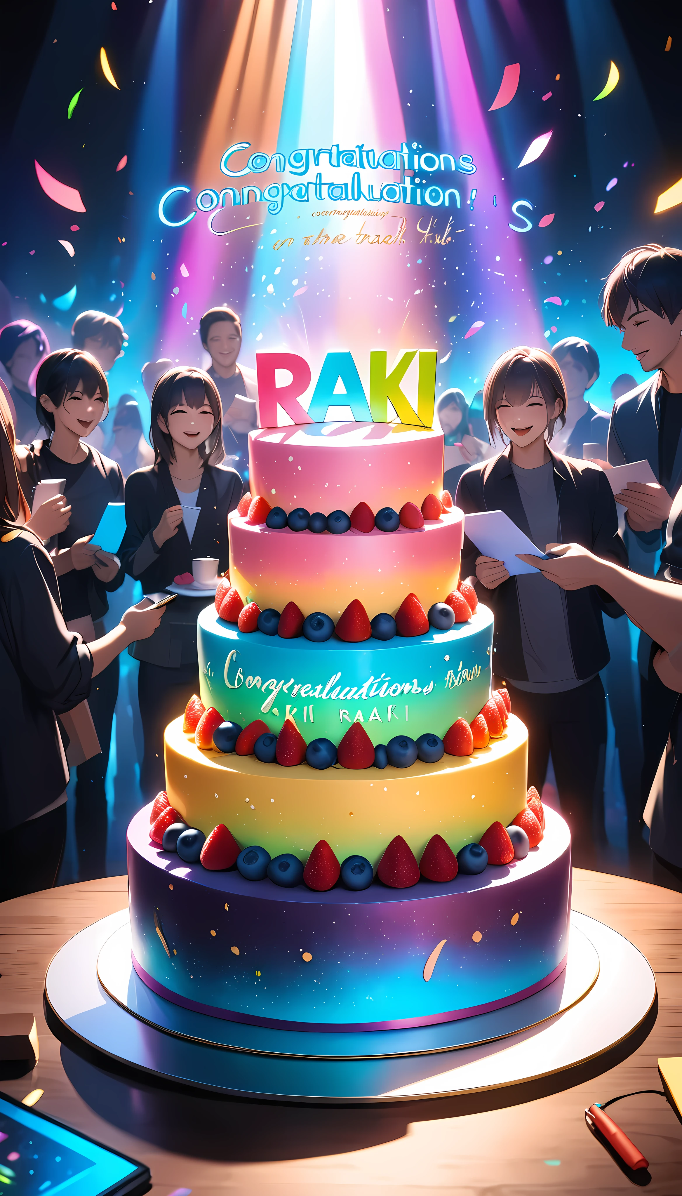 Inserting comments, character("congratulations Raki")write, Soft holographic glow, celebration cake, In the Dark, Vivid neon glow, In the dramatic spotlight, Wrapped in soft light...