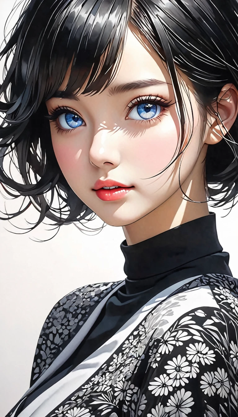 (masterpiece, highest quality, highest resolution, distinct_image, detailed detail, portrait): (Solo, lone girl, face is Japan, short cut, girl with black hair, (perfect body: 1.4), sparkly blue colored eyes, blue dress figure, very delicate and beautiful, detailed skin, slim body, happy smile to show to lover, heroine, boots, front, Towards the viewer,), city parks