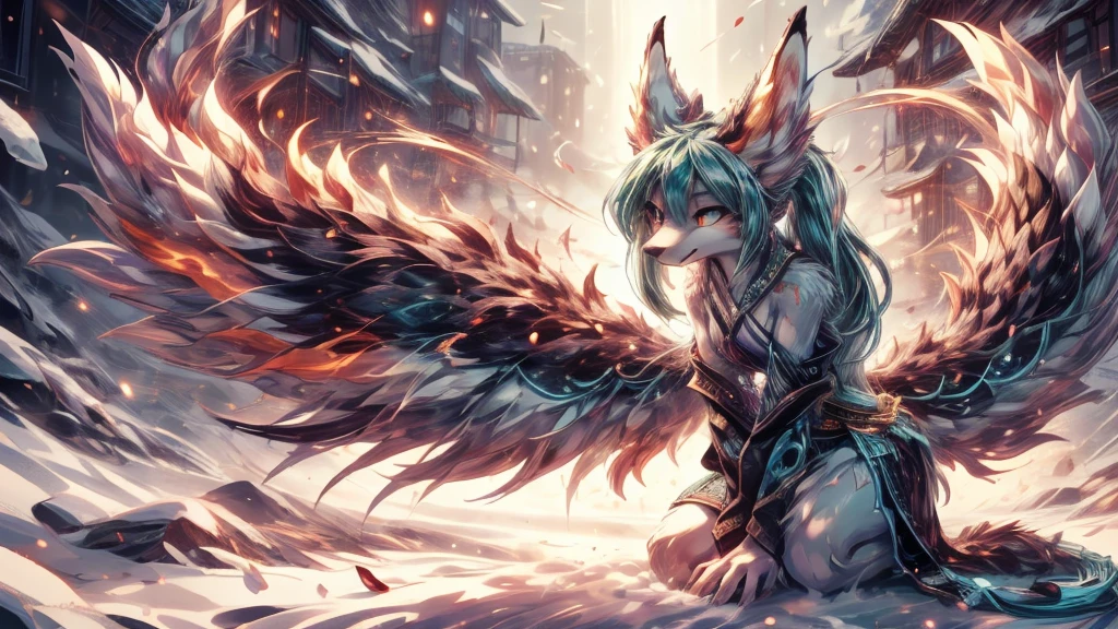 Miku Hatsune, add high definition_detail:1, blue fur,kitsune ears, tribal tattoo add_detail:1, in heaven add_detail, angelical girl, angel wigns add_detail, angelic yokai kitsune,