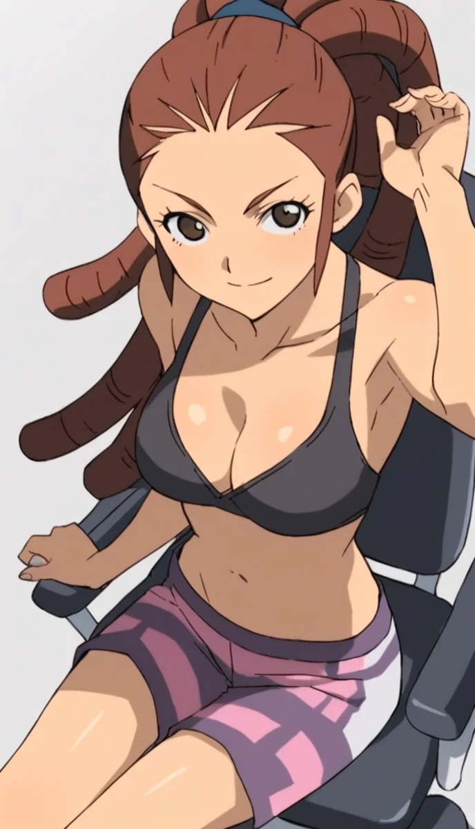 score_9, score_8_above, score_7_above, score_6_above, score_5_above, score_4_above, source_anime, 1 , Midou Reika, Dreadlocks, long hair, high ponytail, brown eyes, pose, sitting on a chair,big breasts, tight black clothes. shirtless, wearing a black bra.