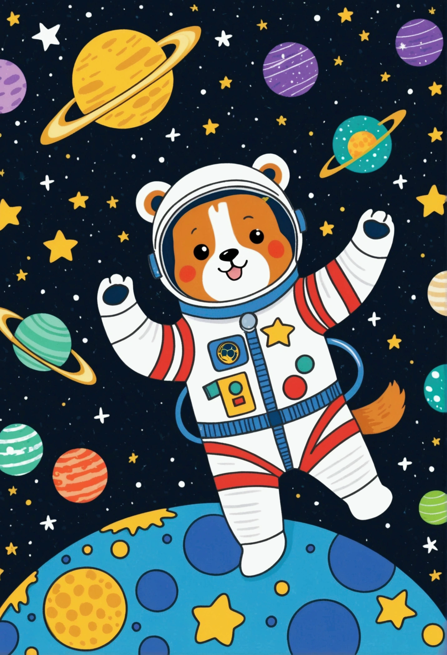 cartoon bear In space suit flying over a moon with stars, In the starry sky, a panda In space, In outer space, dog in space suite, In space, Colorful book illustration, cute astronaut sticker art, astronaut In space, Clothed in stars and planets, shiba inu astronaut, In deep space, astronaut, star, astronaut