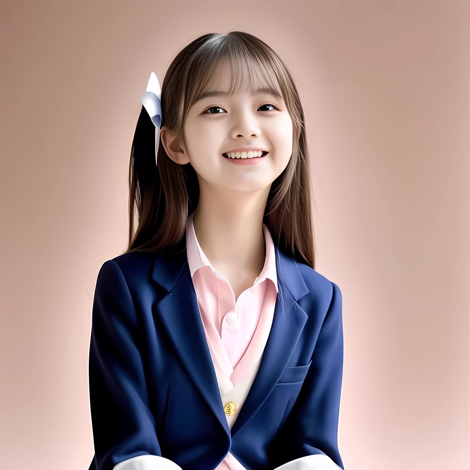 (Highest quality, masterpiece:1.2), Highest quality, High resolution, 1080P, 8k, height: 158cm, (Noble, Japanese **** fashion model is seated on a pink flat floor and smiling directly at me in school uniform, sleepy, looking up at me with love to me with her kawaii supreme: 1.8), looking me, (well arranged, balanced, neat glossy straight very long hair), (Half-closed, Looking up to me, Very sleepy, Double-eyelids, completely balanced, brown large large dreaming sleepy Japanese eyes with detailed beautifully: 1.6), (Glossy lips: 1.8), (Drives me crazy for her navy-colored neat tartan checkered blue skirts and make me fall into her navy-colored tartan checkered skirt: 1.2), (Fine white face that looks like she has never been out of home: 1.6), (Navy colored school uniform blazer: 1.6), (Navy blue pleated school uniform tartan checkered skirt: 1.5), (Plain-red school ribbon on the breast), (Complete plain pink background: 1.8), (Girl whom everyone loves because of her beauty and neat school fashion and noble manner and magic-charm of succubus: 1.7), full body shot, (jolly face expression), (evenly cut curled bangs), 白い光が顔にあたっている, (とても眠い、とても大きなトロンとした愛らしい眠たい瞳: 1.5), 