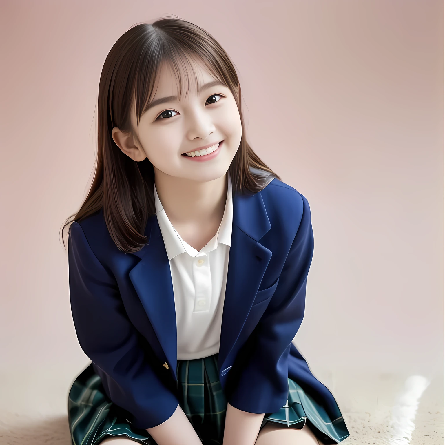 (Highest quality, masterpiece:1.2), Highest quality, High resolution, 1080P, 8k, height: 158cm, (Noble, Japanese 13yo fashion model is seated on a pink flat floor and smiling directly at me in school uniform, sleepy, looking up at me with love to me with her kawaii supreme: 1.8), looking me, (well arranged, balanced, neat glossy straight very long hair), (Half-closed, Looking up to me, Very sleepy, Double-eyelids, completely balanced, brown large large dreaming sleepy Japanese eyes with detailed beautifully: 1.6), (Glossy lips: 1.8), (Drives me crazy for her navy-colored neat tartan checkered blue skirts and make me fall into her navy-colored tartan checkered skirt: 1.2), (Fine white face that looks like she has never been out of home: 1.6), (Navy colored school uniform blazer: 1.6), (Navy blue pleated school uniform tartan checkered skirt: 1.5), (Plain-red school ribbon on the breast), (Complete plain pink background: 1.8), (Girl whom everyone loves because of her beauty and neat school fashion and noble manner and magic-charm of succubus: 1.7), full body shot, (jolly face expression), (evenly cut curled bangs), 白い光が顔にあたっている, (とても眠い、とても大きなトロンとした愛らしい眠たい瞳: 1.5), 