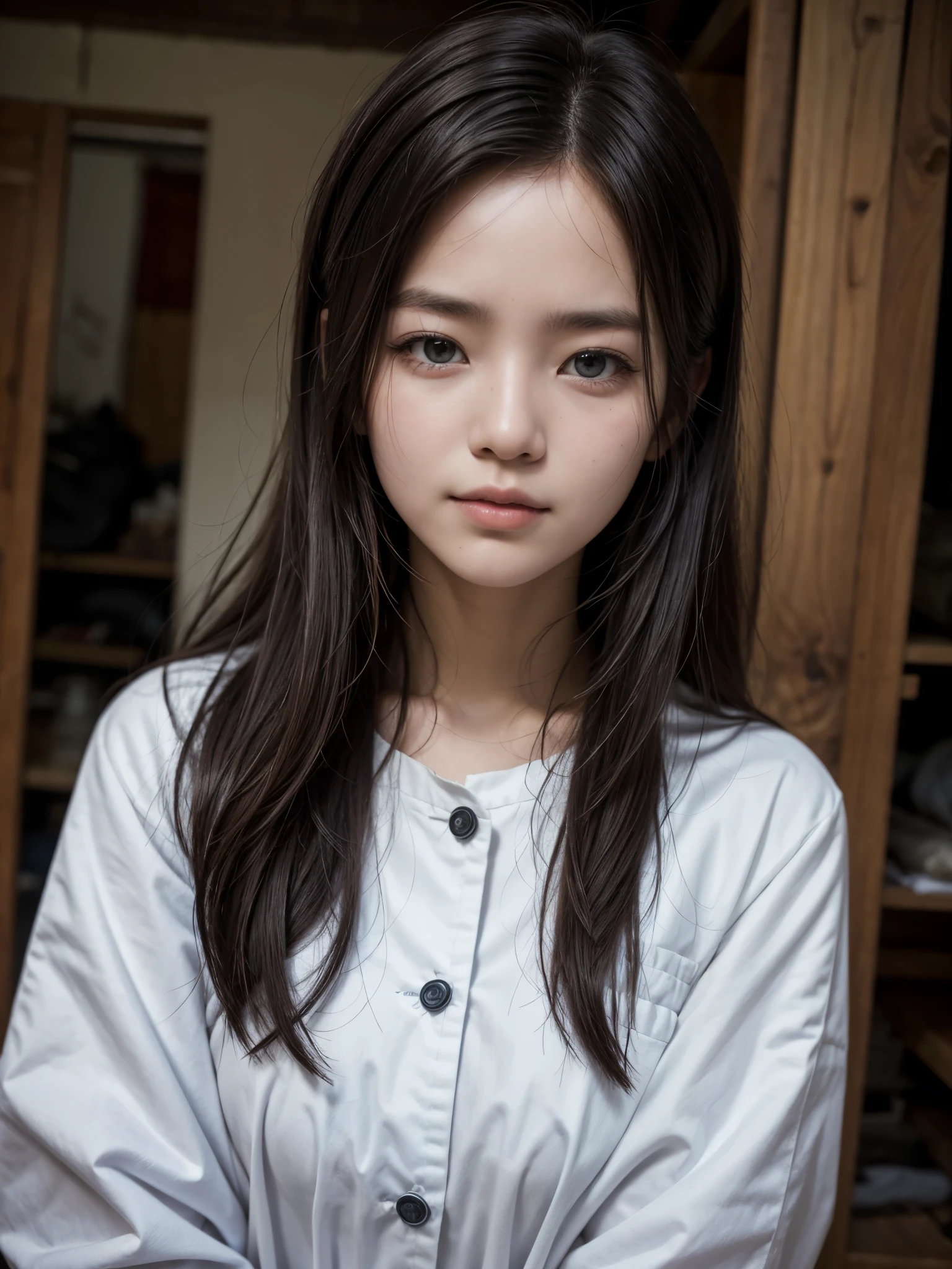 masterpiece, 1 beautiful girl, detailed eyes, puffy eyes, best quality, ultra high definition, (reality: 1.4), original photo, 1Girl, cinematic lighting, smile, Japan, asian beauty, korean, neat atmosphere, super beautiful, little young face, beautiful skin, slender, cyberpunk background, (ultra realistic), (high resolution), (8k), (very detailed), (best illustration) , (beautiful and detailed eyes), (super detailed), (wallpaper), (detailed face), look at the viewer, fine details, detailed face, pureerosfaceace_v1, smile, 46-point diagonal bangs, facing straight ahead, neat clothes, black colored eyes, hair wet in the rain, clothes (fashionable plain folding collar irregular shirt feeling date dress), body facing forward,