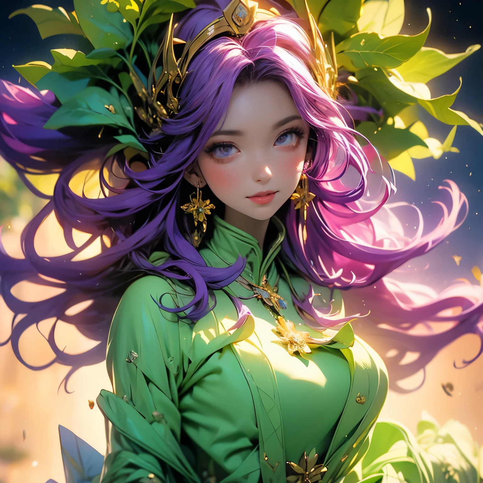 (masterpiece), best quality, 1girl, expressive eyes, perfect face, (purple hair), perfect anatomy, full body, 4k, HDR, full HD, solo, A girl wears a heavenly nature goddess outfit, composed of an emerald green and gold dress, with light fabrics that look like leaves moving gently. Her dress is adorned with details of golden vines and flowers that magically bloom around her. She wears a crown of branches and flowers in her loose, wavy hair. Their sandals seem to be made of roots that connect with the earth, and their presence radiates the purity and serenity of forests and nature.