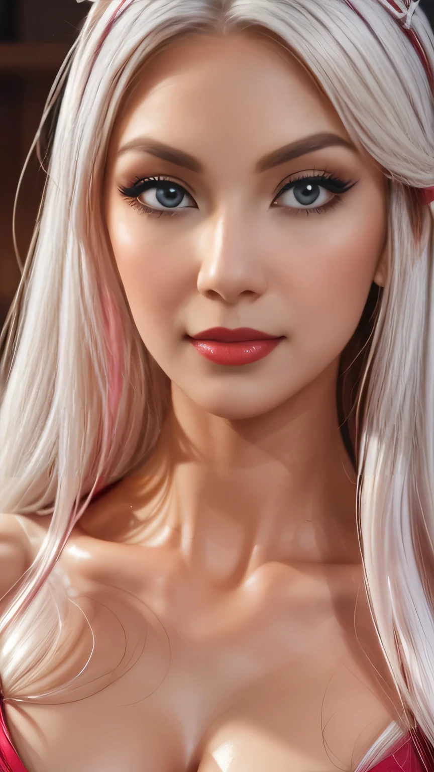 photorealistic,Realistic illustration in Modelshoot style,((masterpiece)),((The best quality)),((Ultra Quality)),((ultra detailed)),((1girl long white hair)),((Only)),((waifu:1.5)),Perfect anatomy,perfect hands,beautiful cuerpo,beautiful_method,ulzzang-6500-v1,e-chica,((Foto hiperrealista en primer plano de Mary D. from Korea)), ((masterpiece, best quality)), (photorealistic:1.4), ((full body)), ((red red gloss midi dress:1.1)), ((heels)), ((in the bar)), ((arched hips, hands up)),  cinematic light, beautiful woman, skinny, large breasts, black long hair, detailed face, smile, facing the camera, photo taken from a distance, age of 2,((bright-pink_eyes)),long wavy hair, ((white hair)),hair clips,eyeliner,cute makeup,lipstick,Glossy lipstick,with a look of love, worry and sadness,((eyes detallados perfectos)),rainy with fog outside,evening,pink theme,bioluminiscencia,light particles,((Extremely CG Unity 8K Wallpaper)),((cinematic lighting,Best quality lights)),intricate details,Suave,sharp focus,Extremely beautiful and aesthetic,Octane rendering,Full length portrait,damp skin,((Perfect detailed body)),