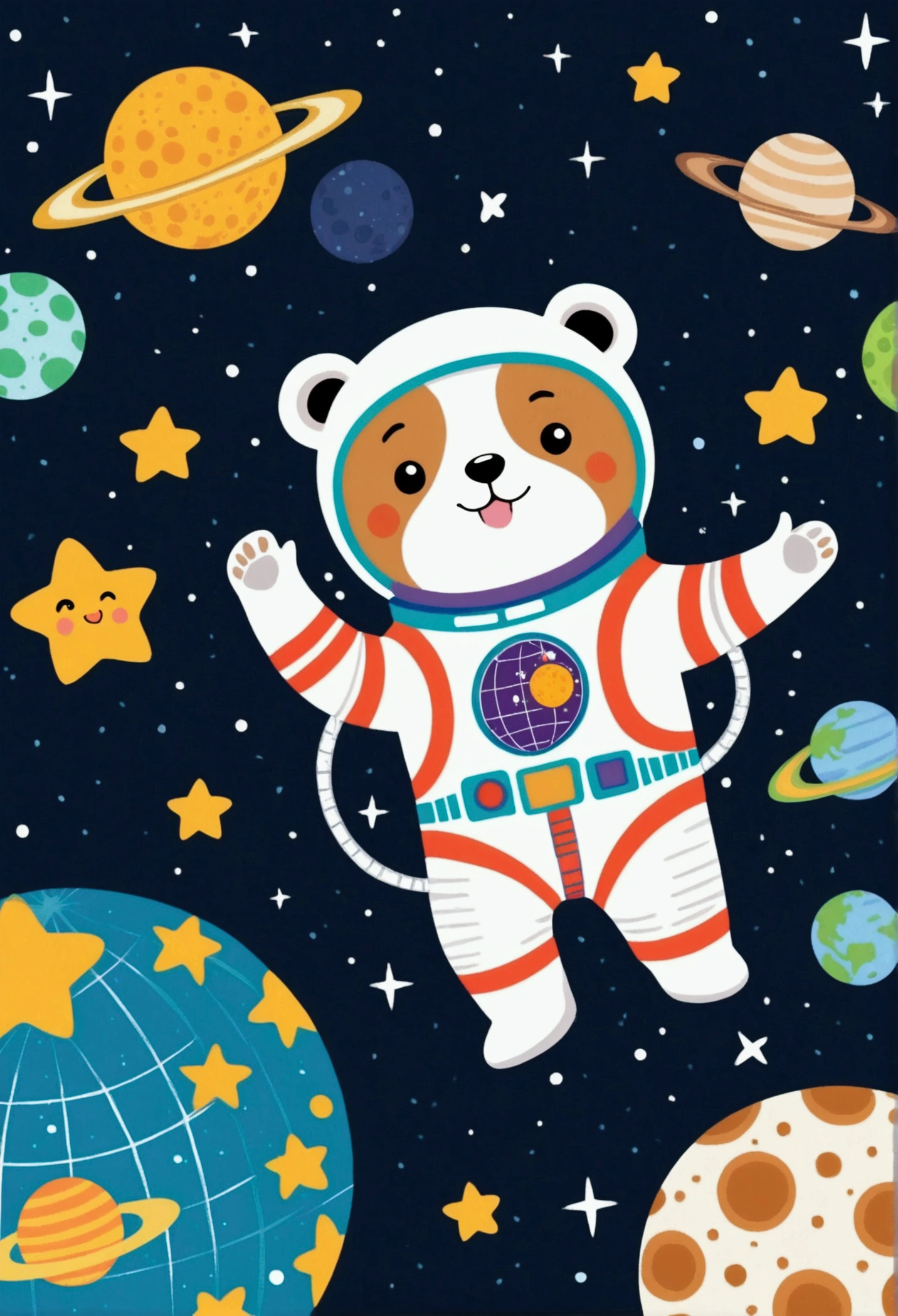 cartoon bear In space suit flying over a moon with stars, In the starry sky, a panda In space, In outer space, dog in space suite, In space, Colorful book illustration, cute astronaut sticker art, astronaut In space, Clothed in stars and planets, shiba inu astronaut, In deep space, astronaut, star, astronaut