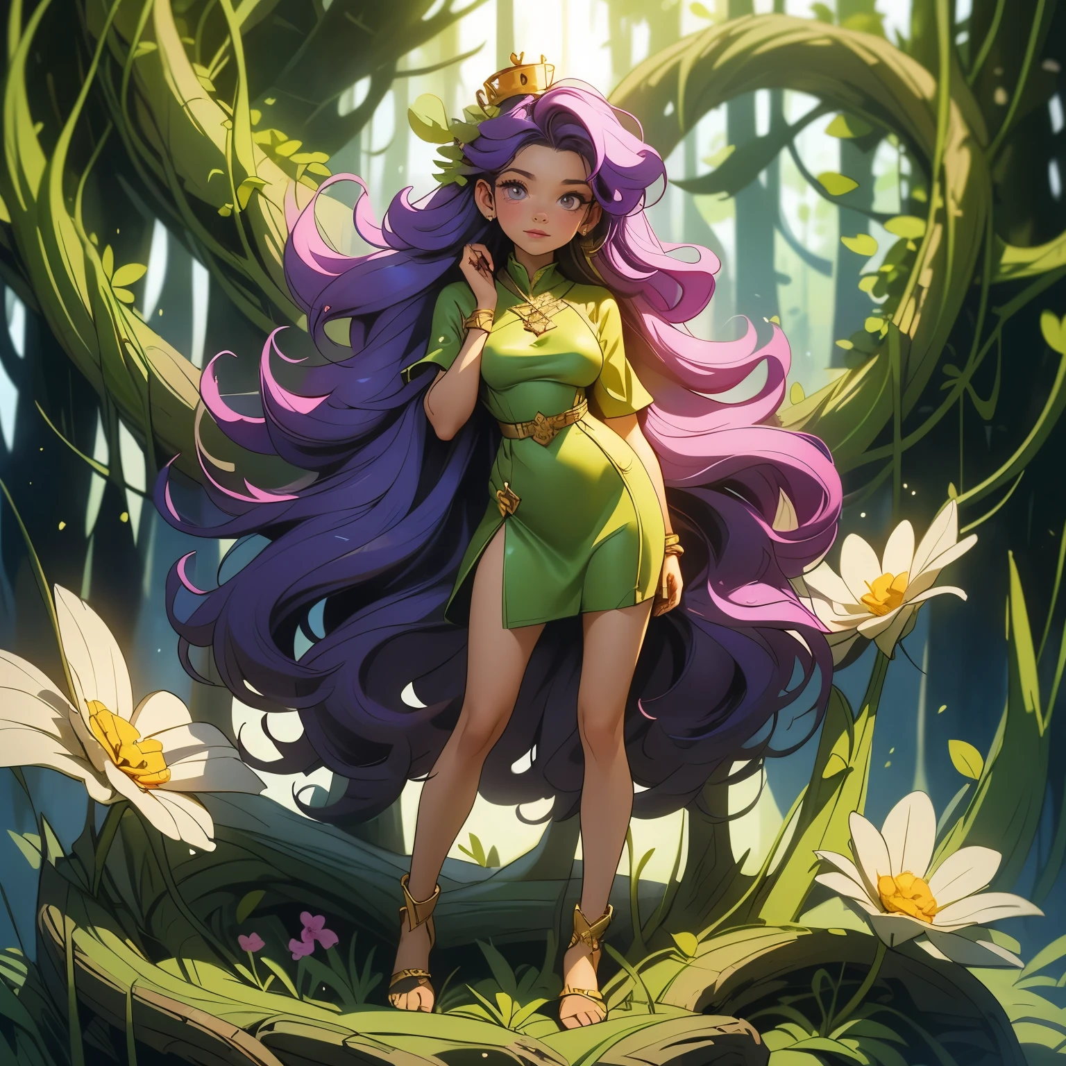 (masterpiece), best quality, 1girl, expressive eyes, perfect face, (purple hair), perfect anatomy, full body, 4k, HDR, full HD, solo, A girl wears a heavenly nature goddess outfit, composed of an emerald green and gold dress, with light fabrics that look like leaves moving gently. Her dress is adorned with details of golden vines and flowers that magically bloom around her. She wears a crown of branches and flowers in her loose, wavy hair. Their sandals seem to be made of roots that connect with the earth, and their presence radiates the purity and serenity of forests and nature.