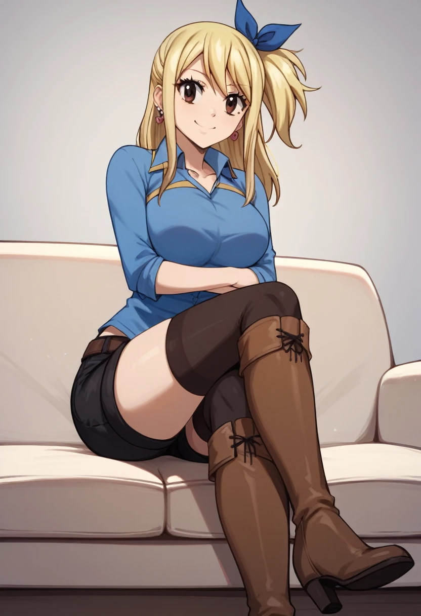 score_9, score_8_up, score_7_up, score_6_up, score_5_up, score_4_up, source_anime, 1girl,lucy heartfilia, smile, blonde hair, long hair, side ponytail, blue ribbon, brown eyes, middle breasts, earrings, thigh high boots, brown boots, blue shirt, black shorts, crossed legs, sit, sofa, room, best quality, best res, 4K UHD,
 