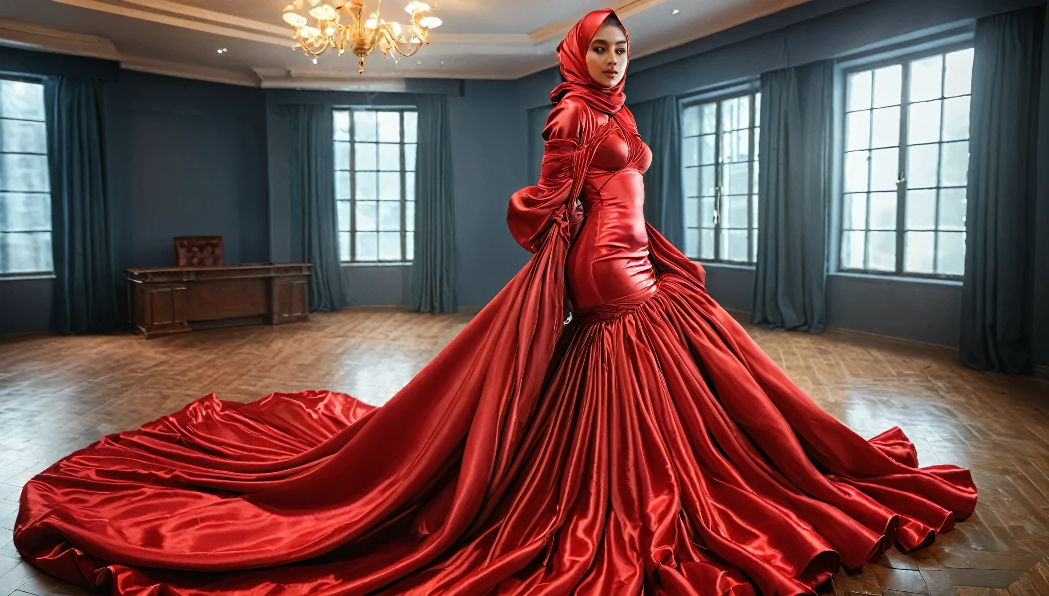 A woman shrouded in a 10-meter-long, plush red satin shimmer cloth, ballon sleeves, tightly bound and grandly draping along the form of her body, flowing off into a pooled floor-length train, styled in a mermaid-inspired outfit, poof style in bottom dress, her head modestly veiled in a satin shimmer simple hijab style, 175 height woman, walk in office room, a full-body pose conveying a sense of elegance, captured in a 4k resolution, ultra-realistic(best quality,4k,8k,highres,masterpiece:1.2),ultra-detailed,(realistic,photorealistic,photo-realistic:1.37),HDR,UHD,studio lighting,ultra-fine painting,sharp focus,physically-based rendering,extreme detail description,professional,vivid colors,bokeh,portraits,fantasy,cinematic lighting