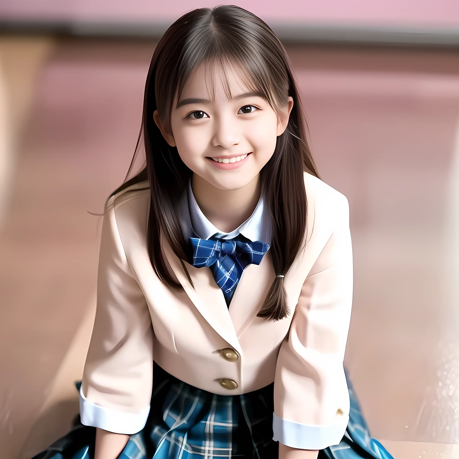 (Highest quality, masterpiece:1.2), Highest quality, High resolution, 1080P, 8k, height: 158cm, (Noble, Japanese yo fashion model is seated on a pink flat floor and smiling directly at me in school uniform, sleepy, looking up at me with love to me with her kawaii supreme: 1.8), looking me, (well arranged, balanced, neat glossy straight very long hair), (Half-closed, Looking up to me, Very sleepy, Double-eyelids, completely balanced, brown large large dreaming sleepy Japanese eyes with detailed beautifully: 1.6), (Glossy lips: 1.8), (Drives me crazy for her navy-colored neat tartan checkered blue skirts and make me fall into her navy-colored tartan checkered skirt: 1.2), (Fine white face that looks like she has never been out of home: 1.6), (Navy colored school uniform blazer: 1.6), (Navy blue pleated school uniform tartan checkered skirt: 1.5), (Plain-red school ribbon on the breast), (Complete plain pink background: 1.8), (Girl whom everyone loves because of her beauty and neat school fashion and noble manner and magic-charm of succubus: 1.7), full body shot, (jolly face expression), (evenly cut curled bangs), 白い光が顔にあたっている, (とても眠い、とても大きなトロンとした愛らしい眠たい瞳: 1.5), 