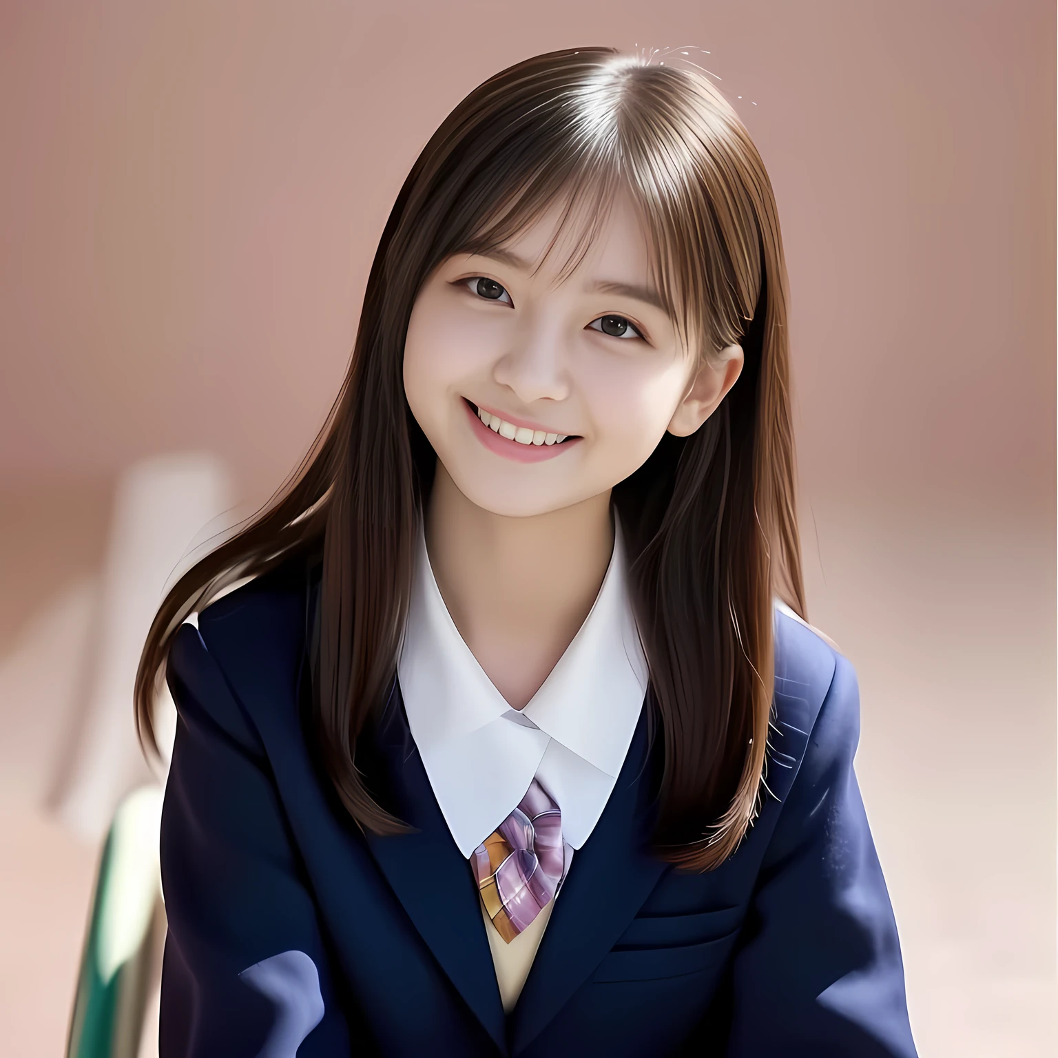 (Highest quality, masterpiece:1.2), Highest quality, High resolution, 1080P, 8k, height: 158cm, (Noble, Japanese 13yo fashion model is seated on a pink flat floor and smiling directly at me in school uniform, sleepy, looking up at me with love to me with her kawaii supreme: 1.8), looking me, (well arranged, balanced, neat glossy straight very long hair), (Half-closed, Looking up to me, Very sleepy, Double-eyelids, completely balanced, brown large large dreaming sleepy Japanese eyes with detailed beautifully: 1.6), (Glossy lips: 1.8), (Drives me crazy for her navy-colored neat tartan checkered blue skirts and make me fall into her navy-colored tartan checkered skirt: 1.2), (Fine white face that looks like she has never been out of home: 1.6), (Navy colored school uniform blazer: 1.6), (Navy blue pleated school uniform tartan checkered skirt: 1.5), (Plain-red school ribbon on the breast), (Complete plain pink background: 1.8), (Girl whom everyone loves because of her beauty and neat school fashion and noble manner and magic-charm of succubus: 1.7), full body shot, (jolly face expression), (evenly cut curled bangs), White light hitting my face, (Very sleepy、Very large, dreamy, adorable sleepy eyes: 1.5), Sweet Temptation