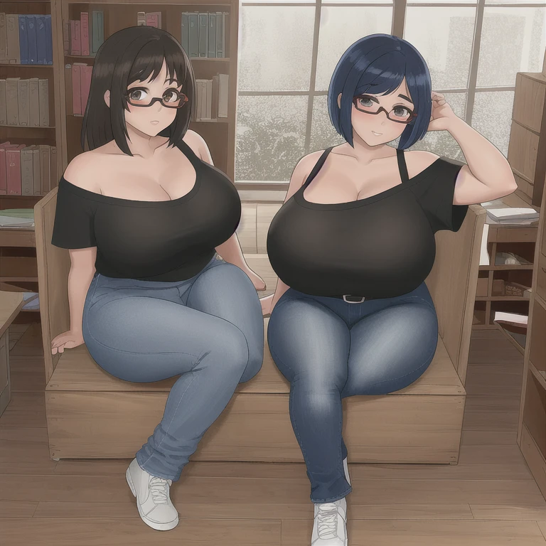 Two cute akward nerdy petite slightly chubby emo mexican sisters, one with short hair and one with long hair, beautiful detailed brown eyes, cutely detailed lips, extremely cute detailed eyes and face, busty, voluptuous breasts, deep cleavage, v neck t shirt tucked in belted jeans, full body, different personalities, masterpiece, photorealistic, 8k, vivid colors, studio lighting, professional, inside an empty abandoned library. 