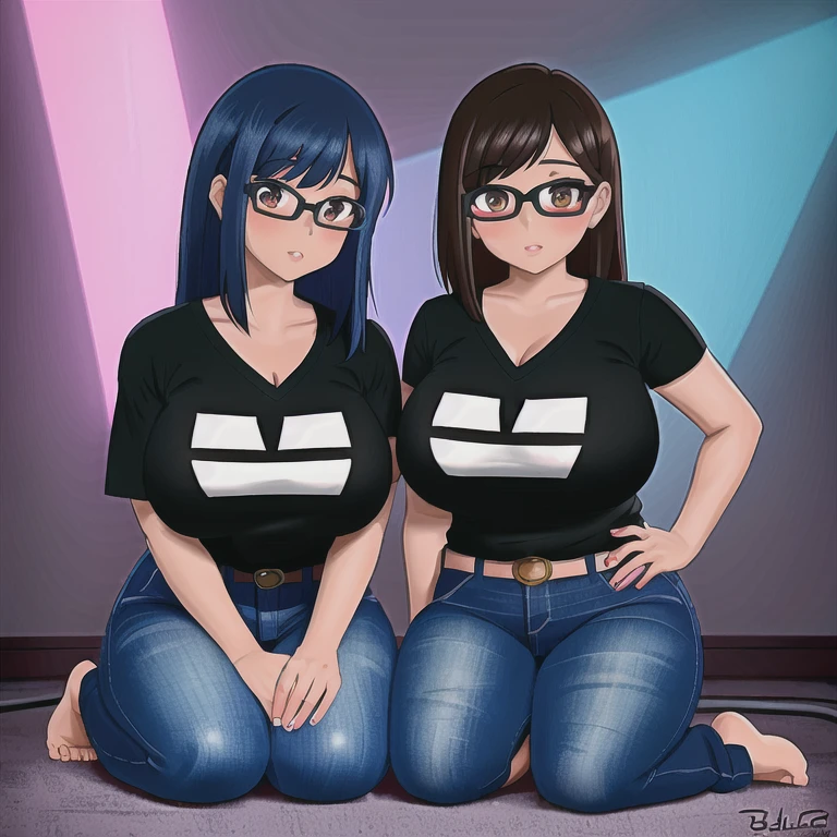 Two cute akward nerdy petite slightly chubby emo mexican sisters, one with short hair and one with long hair, beautiful detailed brown eyes, cutely detailed lips, extremely cute detailed eyes and face, busty, voluptuous breasts, deep cleavage, v neck t shirt tucked in belted jeans, full body, different personalities, masterpiece, photorealistic, 8k, vivid colors, studio lighting, professional, inside an empty abandoned library. 