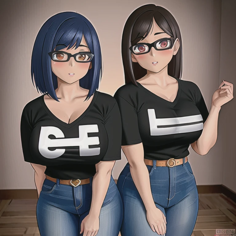 Two cute akward nerdy petite slightly chubby emo mexican sisters, one with short hair and one with long hair, beautiful detailed brown eyes, cutely detailed lips, extremely cute detailed eyes and face, busty, voluptuous breasts, deep cleavage, v neck t shirt tucked in belted jeans, full body, different personalities, masterpiece, photorealistic, 8k, vivid colors, studio lighting, professional, inside an empty abandoned library. 