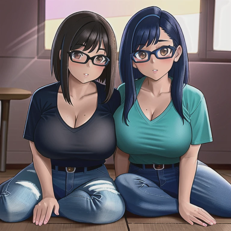 Two cute akward nerdy petite slightly chubby emo mexican sisters, one with short hair and one with long hair, beautiful detailed brown eyes, cutely detailed lips, extremely cute detailed eyes and face, busty, voluptuous breasts, deep cleavage, v neck t shirt tucked in belted jeans, full body, different personalities, masterpiece, photorealistic, 8k, vivid colors, studio lighting, professional, inside an empty abandoned library. 