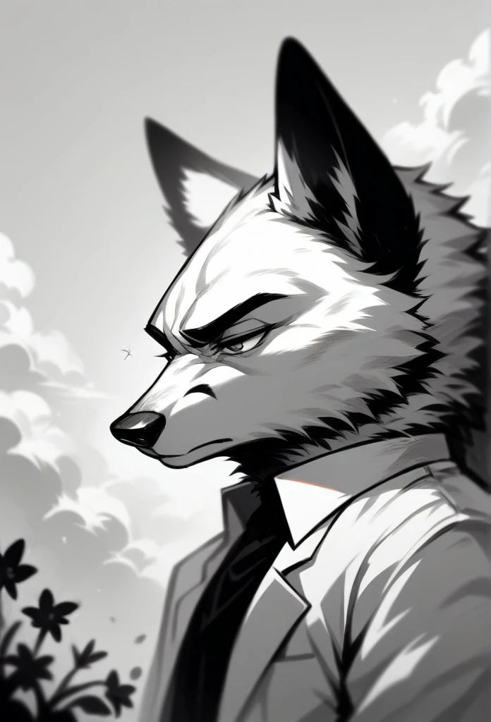 A fox, Black and white fur, wearing white suit, bored, head tilted, mirAndo Al espectAdor,, flowers around, clouds and sunset in the background, half body angle shot.