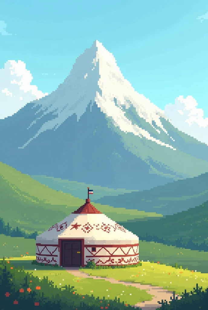 Need a picture of a mountain and a yurt in pixel style